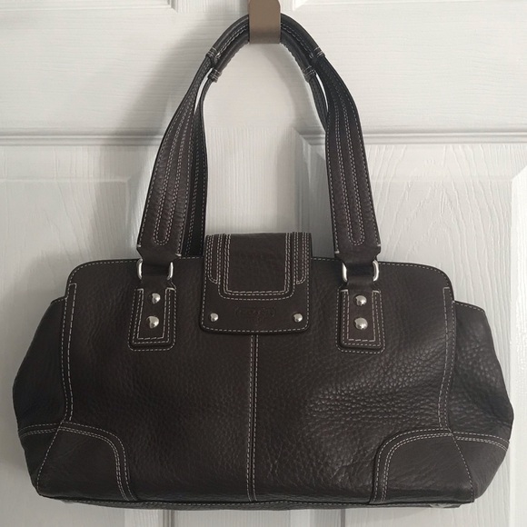 Coach brown with white stitching pebble leather turnlock/zip closure satchel - Picture 4 of 17